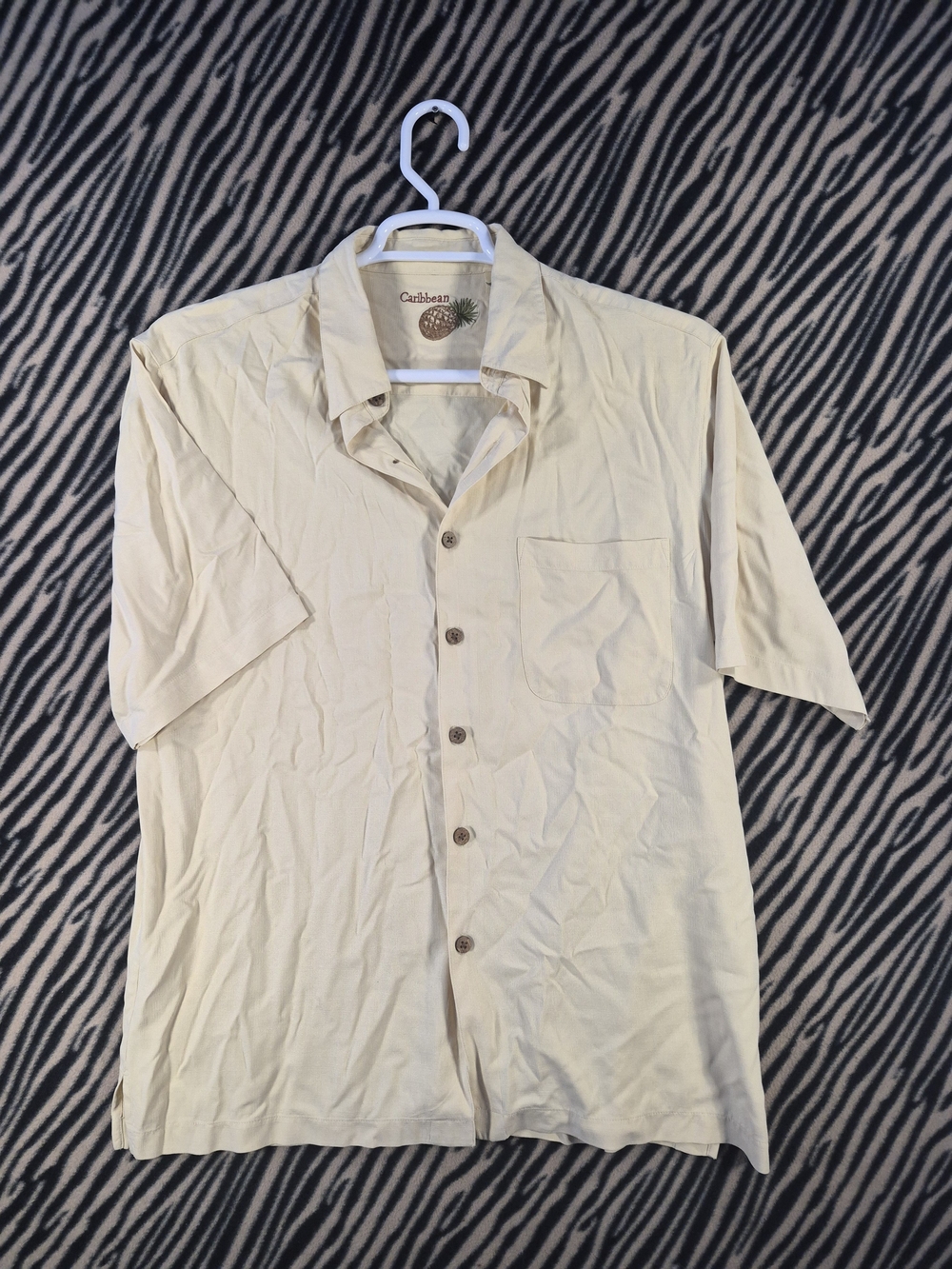 Caribbean 100% Silk Cream Pineapple Embroidered Short Sleeve Button-Down Shirt